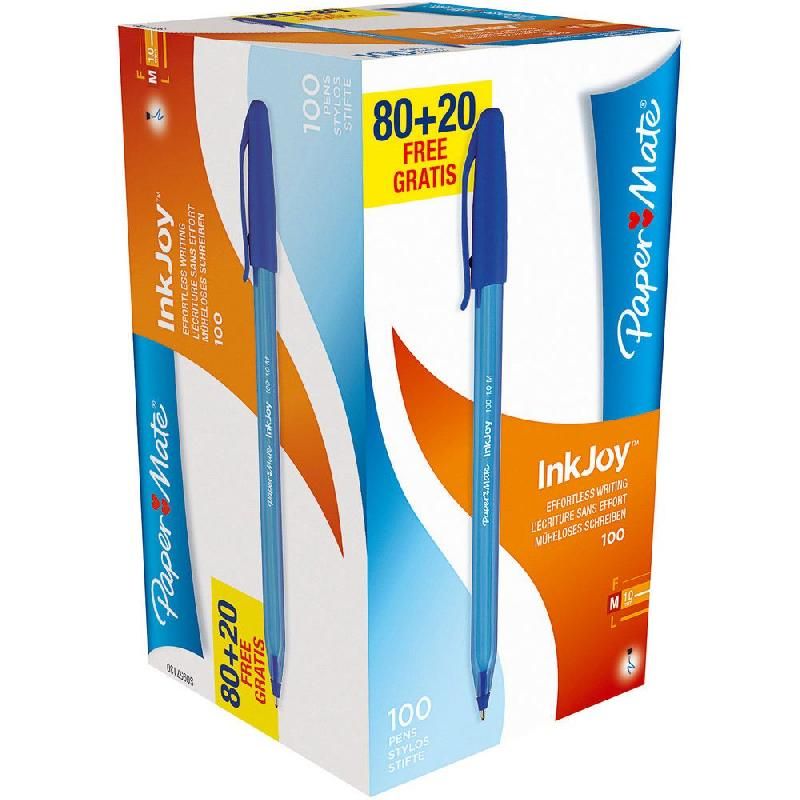 PAPER MATE STYLO BILLE INKJOY™100 BLEU 1,0 MM LOT DE 100 (PACK DE 100 (80 + 20 GRATUITS))