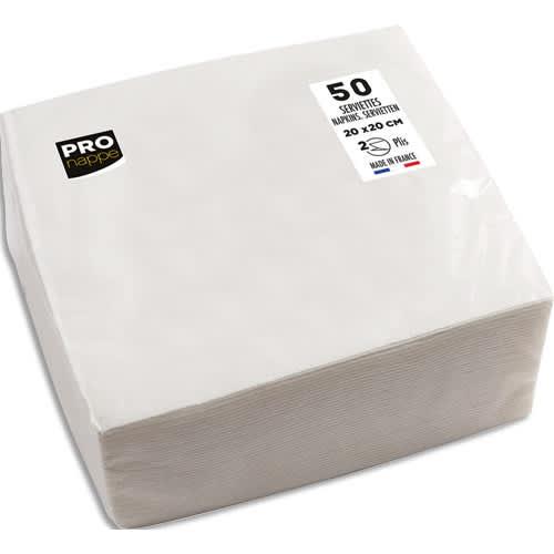 Pro nappe - Paquet de 50 serviettes cocktail micro-gaufrées en ouate 2 plis 20x20 cm - Blanc - Certifiées FSC_0