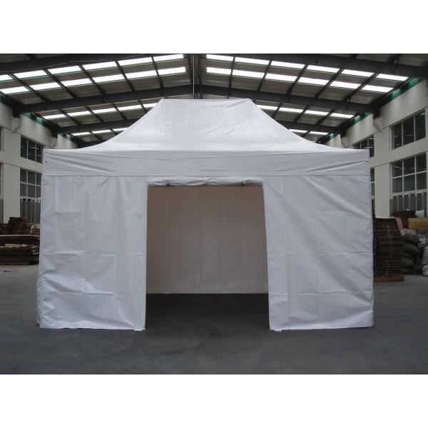 Stand pliant 3x4,5 m - Toit et rideaux blancs - Armature aluminium hexagonale - Polyester 450 g/m² anti-feu et anti-UV_0