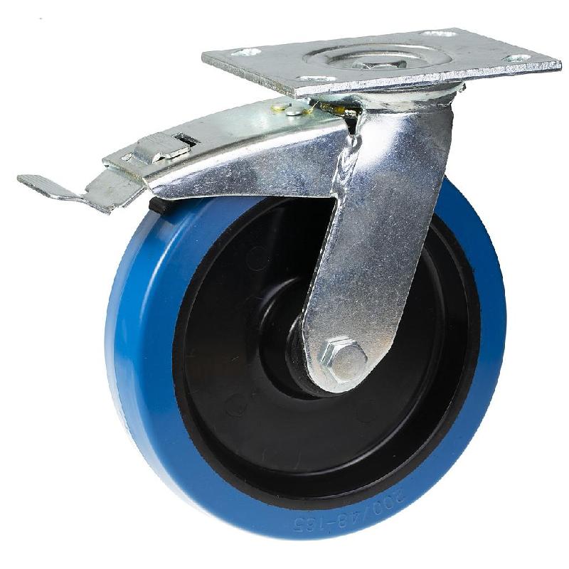 Roulette pivotante/frein de 200 mm avec caoutchouc élastique bleu sur roue centrale en nylon_0