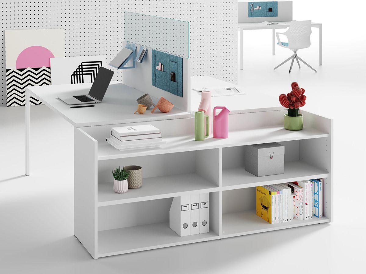 Bureau bench 2 personnes NAVI - profondeur 70 cm avec étagères ouvertes et rangement latéral_0