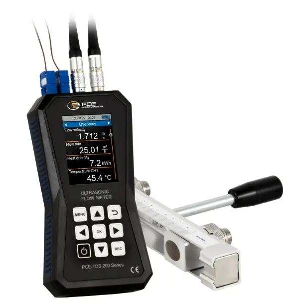Débitmètre à ultrason portatif, avec capteurs sur rails pour tuyaux moyens et capteurs de température - PCE-TDS 200+ MR - PCE INSTRUMENTS_0