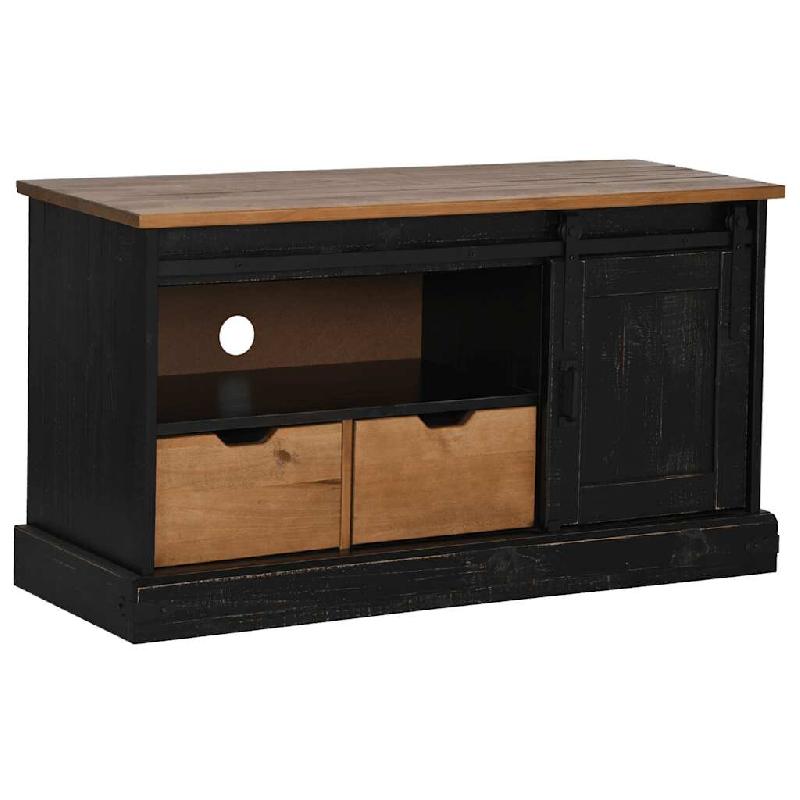 Helloshop26 - Meuble TV HALDEN avec porte coulissante et deux tiroirs 110 x 40 x 60 cm style rustique en bois noir 02_0057823 - noir Bois massif 30002_0