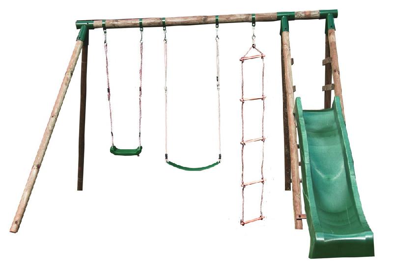 Portique et toboggan de jardin en bois Navajos 330 x 260 x 230 cm - tissu de protection rouge_0