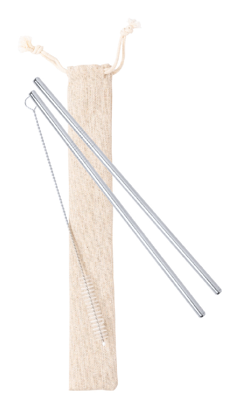 Set de 2 pailles réutilisables - avec brosse nettoyante en coton - argenté - 29 gr_0