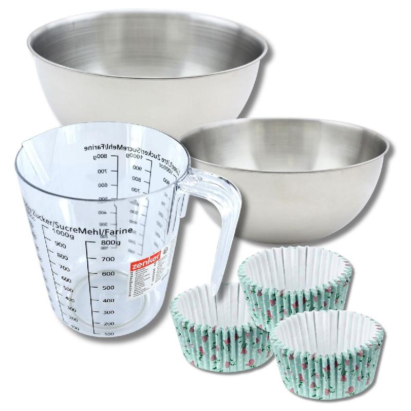Set pâtisserie avec 50 moules à muffins fleurs liberty en papier, 2 bols à mixer, verre mesureur et spatule Zenker - bleu papier 3176239937336_0