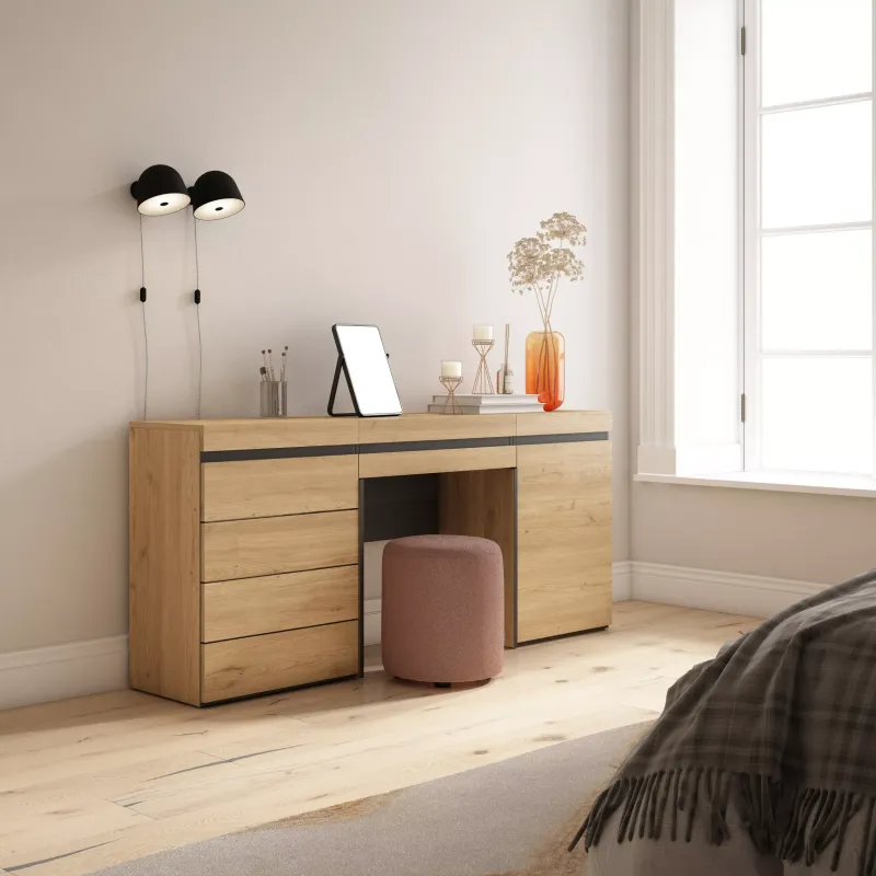 SKRAUT HOME - COIFFEUSE, TABLE MAQUILLAGE, RANGEMENT, 177X35X75CM, AVEC TIROIR, COMMODE, BUFFET, CHêNE