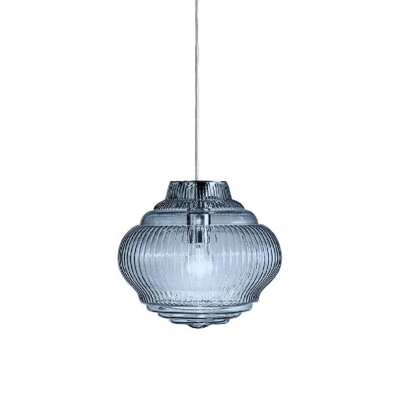 Zafferano Bonnie Suspension en verre soufflé artisanal avec traitement rigadin couleur Bluino, diamètre 27,5 cm, structure en métal gris, E27 - ble_0