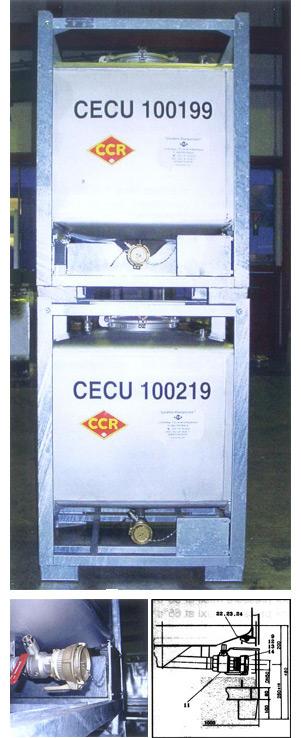 Conteneur IBC/GRV cubique - Capacité : 1000L - inox 304 qualité 2B LAF - cadre galvanisé - équipements pour vidange totale_0