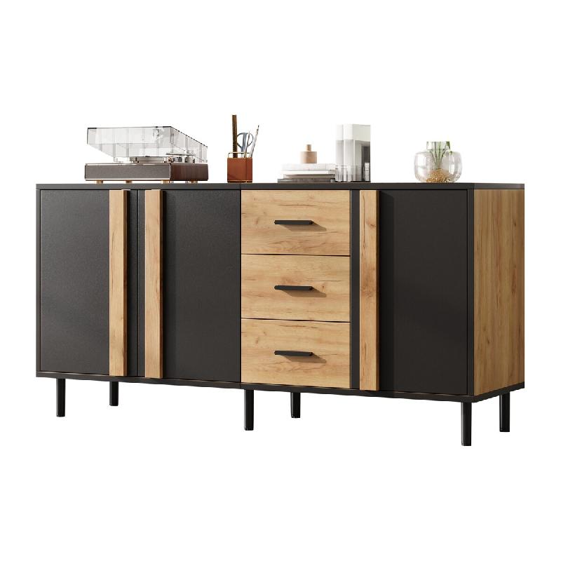 Merax Buffet 140 x 35 x 70 cm avec 3 portes, 3 tiroirs et 6 pieds en métal, noir/aspect bois naturel - multicolore Bois manufacturé N625P514551552Z_0