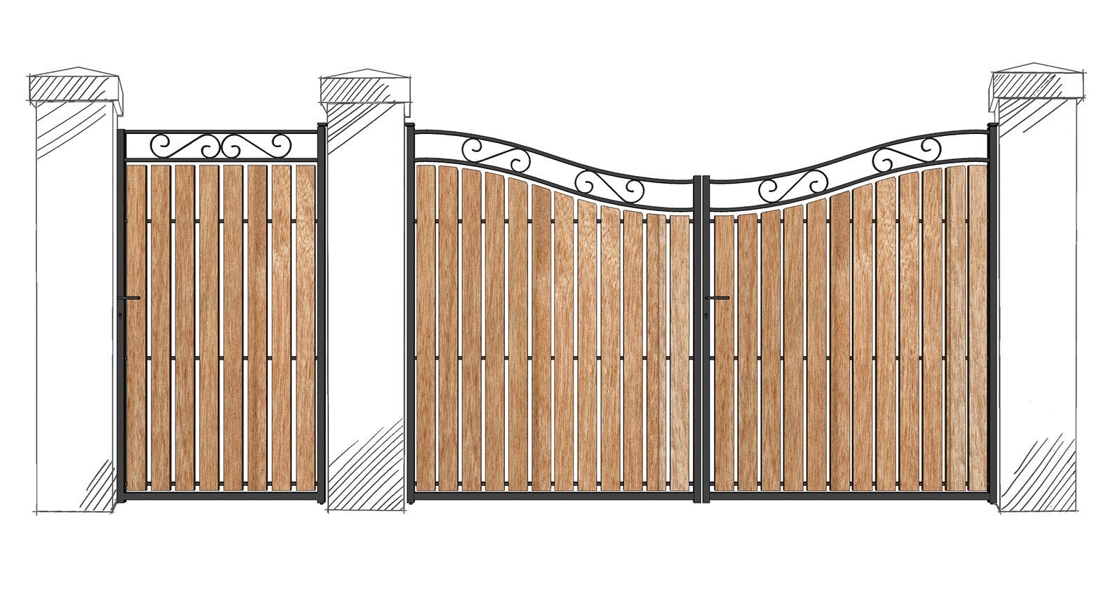 Portail coulissant Jamaique - volutes, ossature tube 35x35x2, fer plat 35x8, lattes Méranti 100x25_0