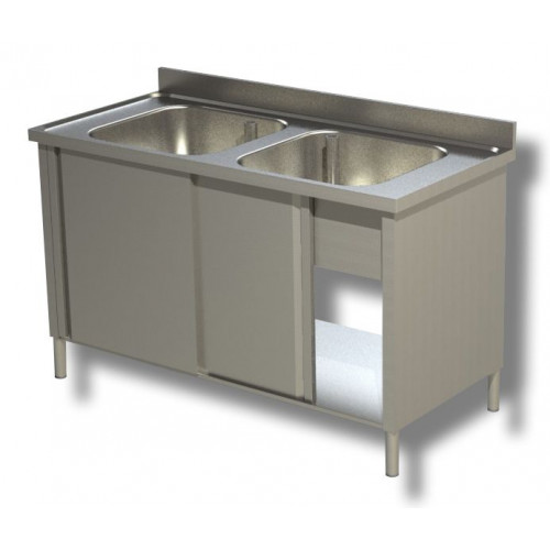 MEUBLE PLONGE INOX 2 BACS 600 X 500 X 300 MM SANS ÉGOUTTOIR - 700 X 1400 MM