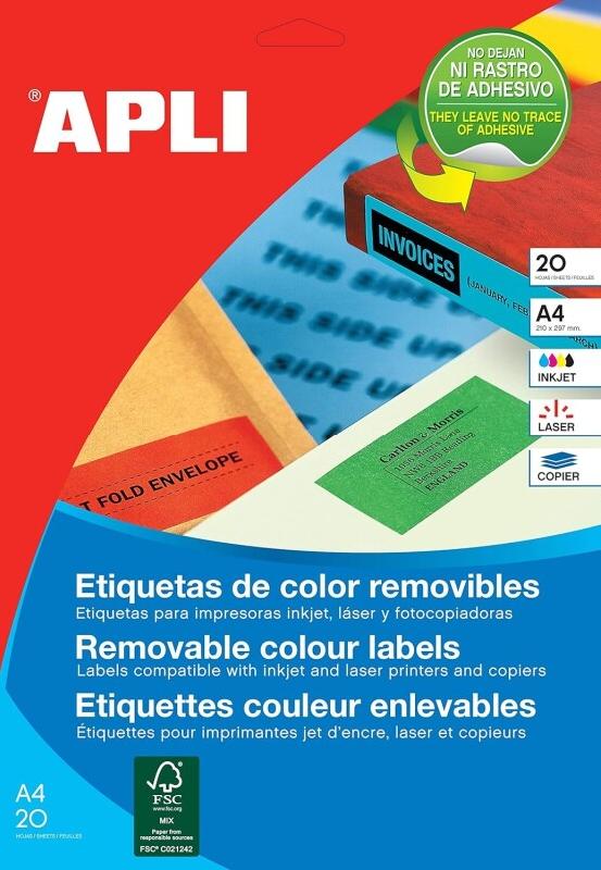Apli 016691 Lot de 20 Etiquettes couleur enlevable 199,6 x 289,1 mm Jaune - 8410782166917_0