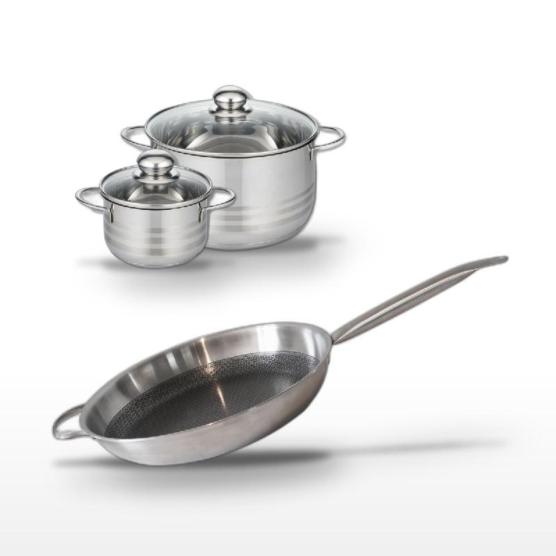 Batterie de cuisine avec 1 poêle de cuisson 32 cm et 2 faitouts 24/14 cm en inox sans PFAS Elo Collection Relief Solution Brillant - gris 31762399412_0