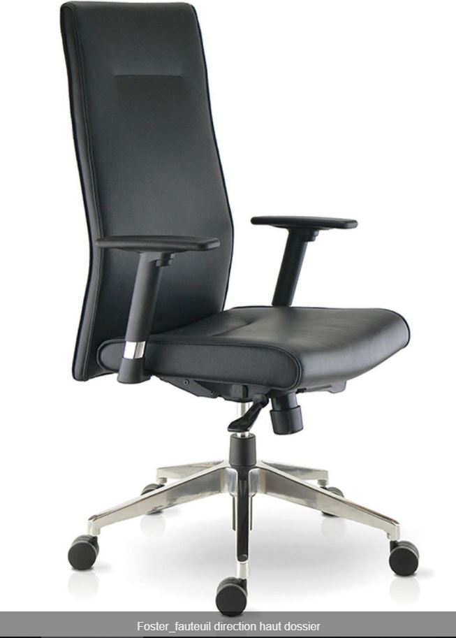 Fauteuil de direction Sokoa Foster - haut dossier - cuir noir - mécanisme synchro réglable - accoudoirs réglables - base aluminium poli_0