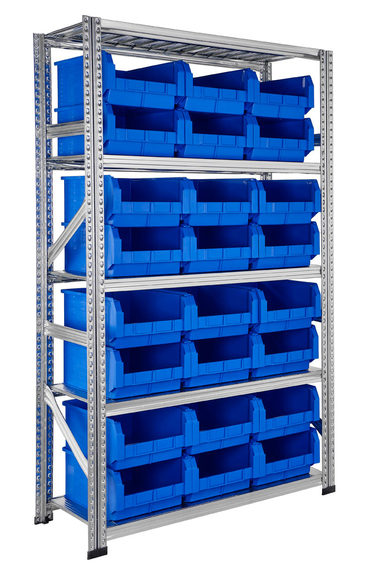 RAYONNAGE EQUIPE DE 24 BACS PLASTIQUE 28 LITRES