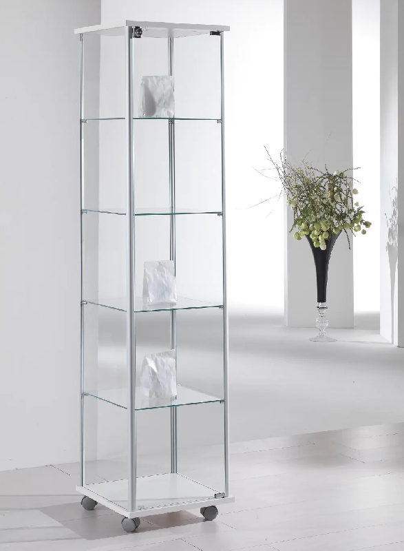 Vitrine contemporaine colonne 43-AVA - blanc poli - verre trempé avec 4 tablettes amovibles et serrure_0