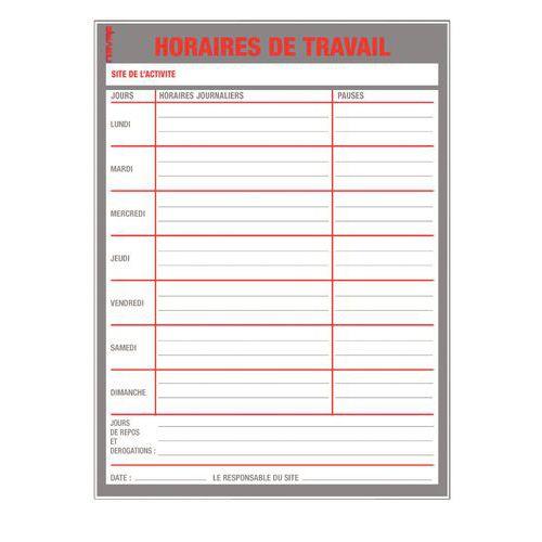 PANNEAU AFFICHAGE HORAIRES DE TRAVAIL 400X300 MM