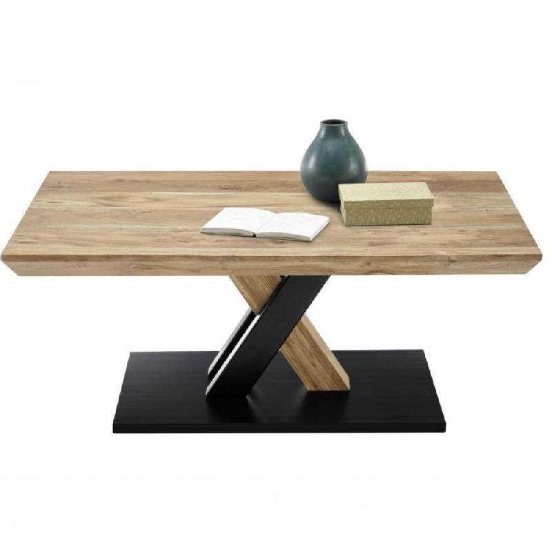 Table basse design Maverick - chêne sauvage acacia, piétement bicolor noir mat/acacia, roulettes intégrées_0