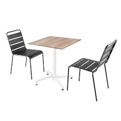 Oviala Business Ensemble table de terrasse stratifié chêne foncé et 2 chaises gris - gris métal 110799_0