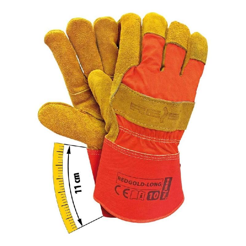 REIS REDGOLD-LONG - Lot de 12 gants de protection rouge/jaune taille 10 - cuir de vachette renforcé, manchette rallongée_0