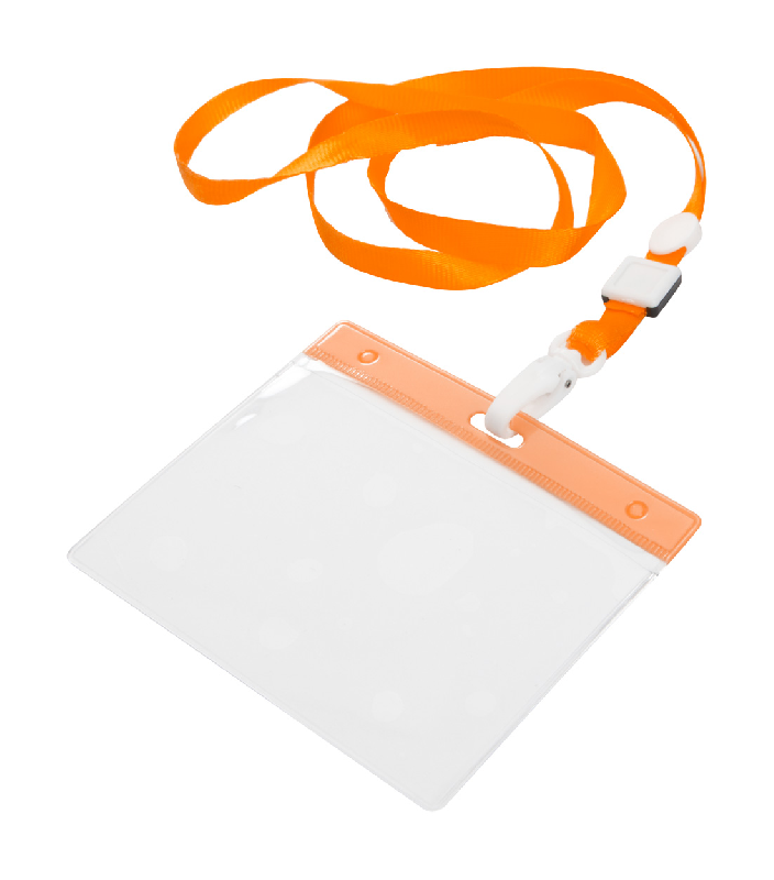 Tour de cou en polyester - avec mousqueton plastique et pochette badge PVC - couleur orange - 11,4g_0