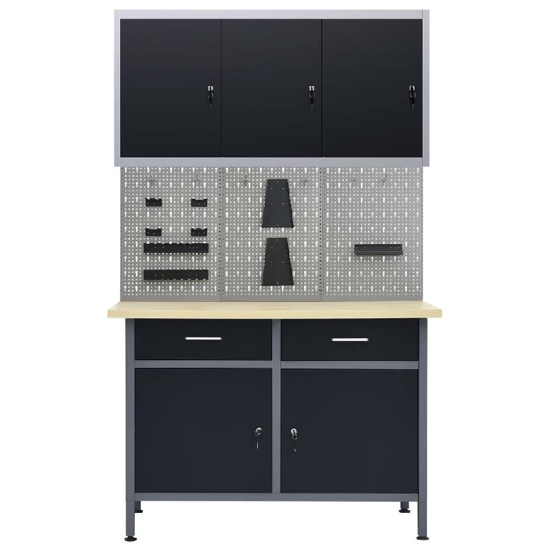 ETABLI 120 CM ET 3 PANNEAUX MURAUX ET 1 ARMOIRE TABLE DE TRAVAIL ATELIER GRIS NOIR 02_0003664_0