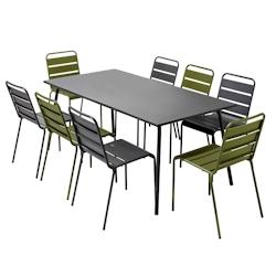 Oviala Business Ensemble table de jardin et 8 chaises en métal gris et vert kaki - vert acier 114616_0