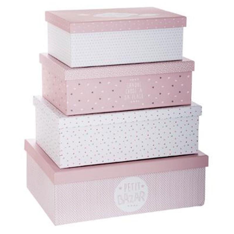 SET DE 4 BOÎTES DE RANGEMENT DOUCEUR ROSE & BLANC - PARIS PRIX_0