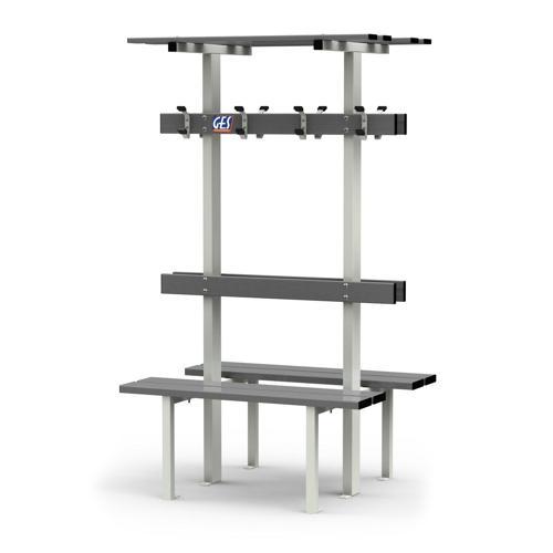 BANC VESTIAIRE DOUBLE SUR PIEDS AVEC PORTE PATÈRES ET PORTE SACS GES ASSISE ALU