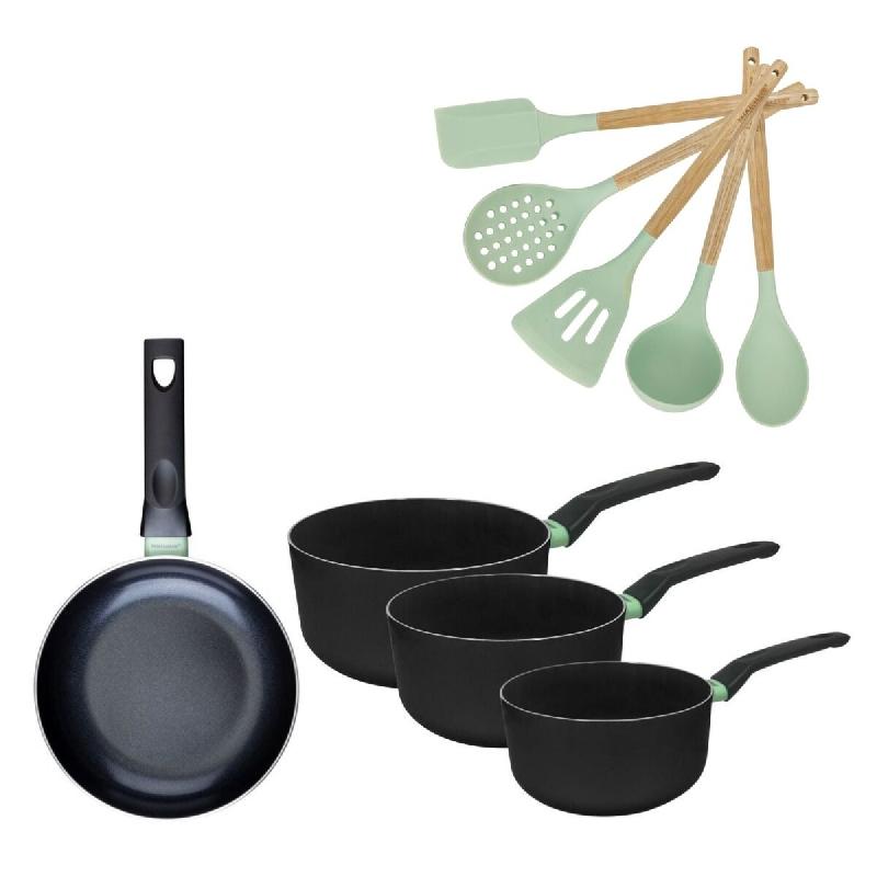 Batterie de cuisine avec 1 poêle 24 cm et 3 casseroles 16/18/20 cm et 5 ustensiles de cuisine Fackelmann Brandao Océan - noir aluminium 3176239920383_0