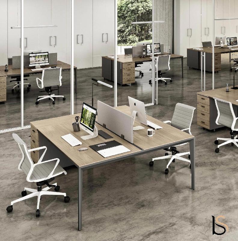 Bureau bench 2 personnes sur caissons X5 - Officity. - 162, Anthracite, Noyer canaletto_0