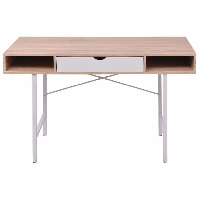 Bureau informatique en chêne et blanc - 1 tiroir et 2 compartiments - MDF et métal - 120x48x77 cm - Réf. 0502072_0