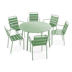 Oviala Business Ensemble table de terrasse ronde et 6 fauteuils acier vert cactus - Oviala - vert acier 106035_0