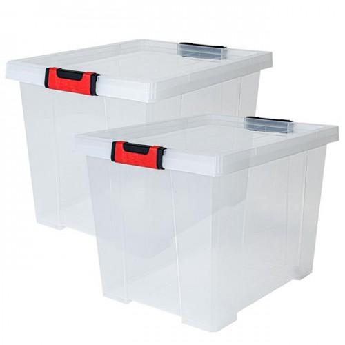 LOT DE 2 BOITES DE RANGEMENT AVEC COUVERCLE CLIPSTOCK - 45L - NATUREL EDA PLASTIQUES