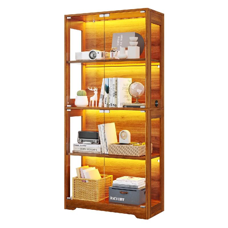 Merax Vitrine LED 80 x 35 x 160 cm, 4 portes en verre trempé à ouverture par pression, 3 couleurs de lumière, interrupteur tactile et côtés en -_0