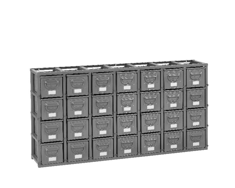 Rack de rangement 28 postes avec caisses métalliques vernies 12 litres_0