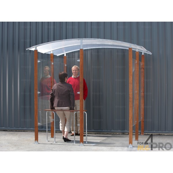 Abri fumeur mural 4m² - structure en bois exotique et acier - bardage plexiglas - banc assis-debout - 2.5 x 2.5 m_0