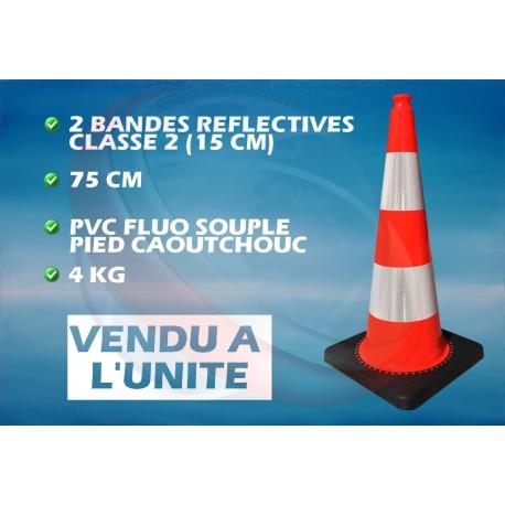 Cone pvc 75 cm orange fluo pied caoutchouc 2 bandes reflectives_0