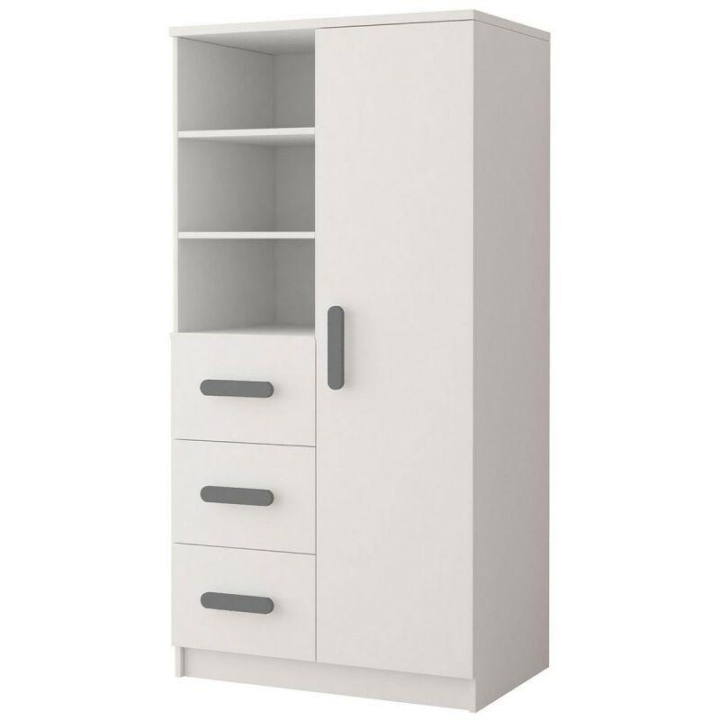 OLLIE - ARMOIRE CHAMBRE D'ENFANTS - 3 TIROIRS + 5 ÉTAGÈRES - 160X80X40 CM - POIGNÉES COLORÉES GRIS - GRIS