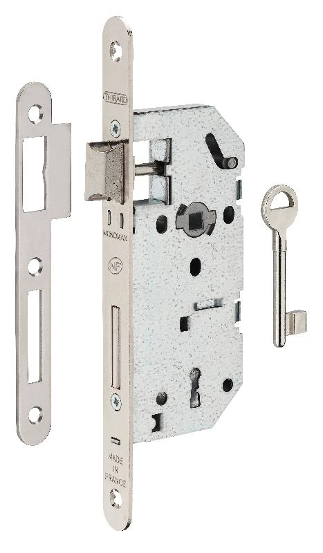 Serrure encastrable Monomax NF - Têtière acier nickelé pour porte intérieure - Réversible 2 tours_0
