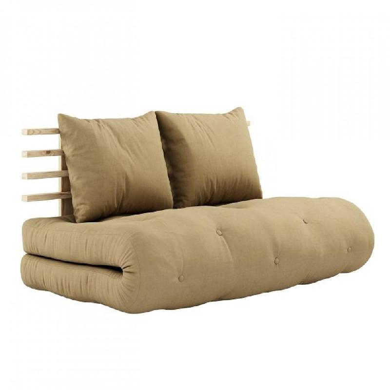 CANAPÉ LIT FUTON SHIN SANO BEIGE BLÉ ET PIN MASSIF COUCHAGE 140*200 CM._0