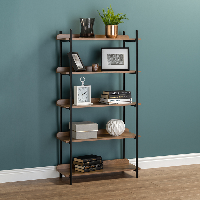 Hf008 - bibliothèque / étagère industrielle contemporaine à 5 niveaux - finition style chêne et métal noir mat - 1500 mm H x 800 mm L x 345 mm P - capacité 25 kg par tablette_0