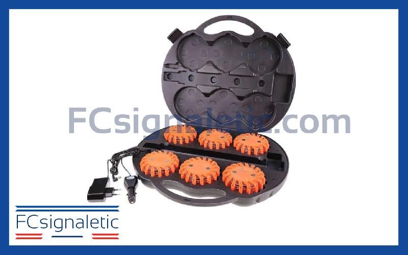 Valise de 6 balises lumineuses rouges autonomes magnétiques, rechargeables, carrossables, étanches et extrêmement solides_0