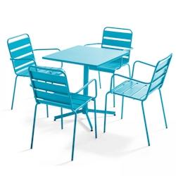 Oviala Business Ensemble table de jardin et 4 fauteuils en métal bleu - Oviala - bleu acier 105399_0