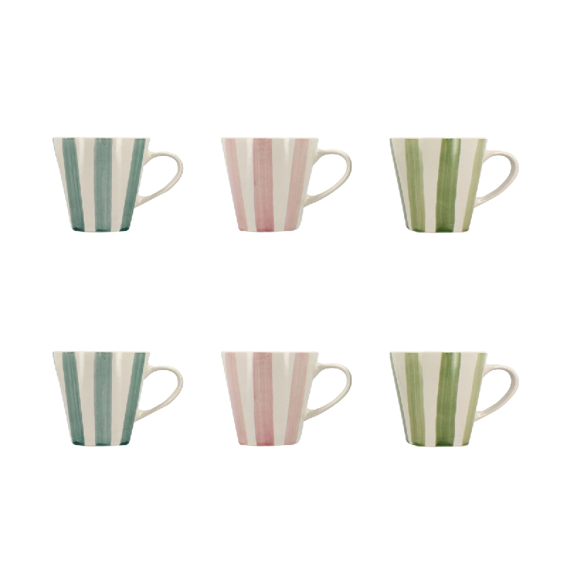 Novastyl - Lot6 Tasse Arlequin 20cl En Gres Blanc Rayures Couleurs Assorties - 3256391044537_0