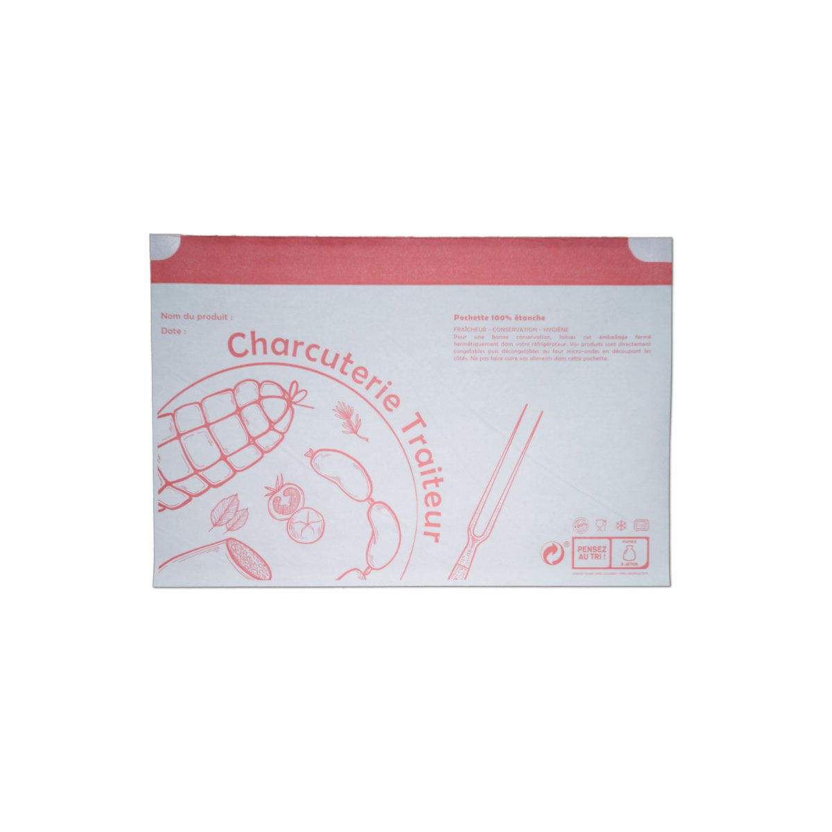 1000 pochettes alimentaires adhésives personnalisables - impression charcuterie - 16×25 cm - papier 44g/m²_0