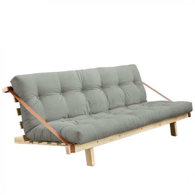 Banquette futon JUMP en pin massif - Coloris gris - Couchage 130x190 cm - Design minimaliste et lanières en cuir_0