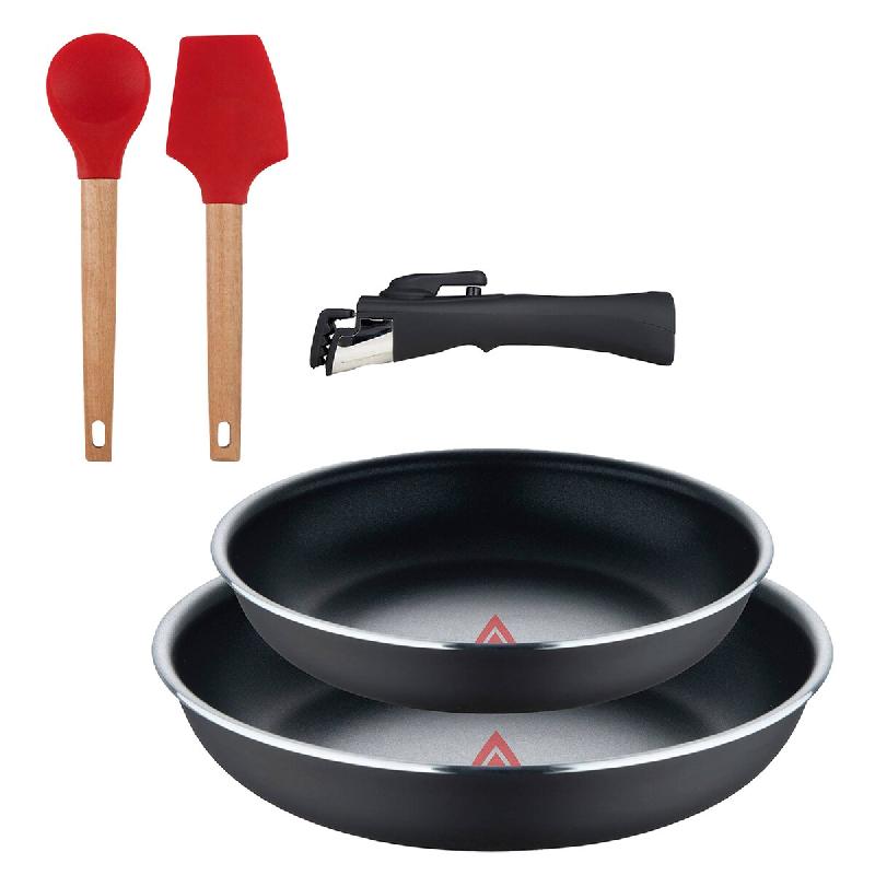 BERGNER - Jeu de 2 Poêles Ø22/26 cm en Aluminium Embouti Noir avec Manche Amovible et Jeu de 2 Ustensiles de Cuisine EXCALIBUR - PK9625_0