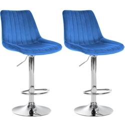 Décoshop26 - Lot de 2 tabourets de bar réglable en hauteur pivotant à 360° assise en tissu bleu couture verticale pied métal chromé 10_0004426 -_0